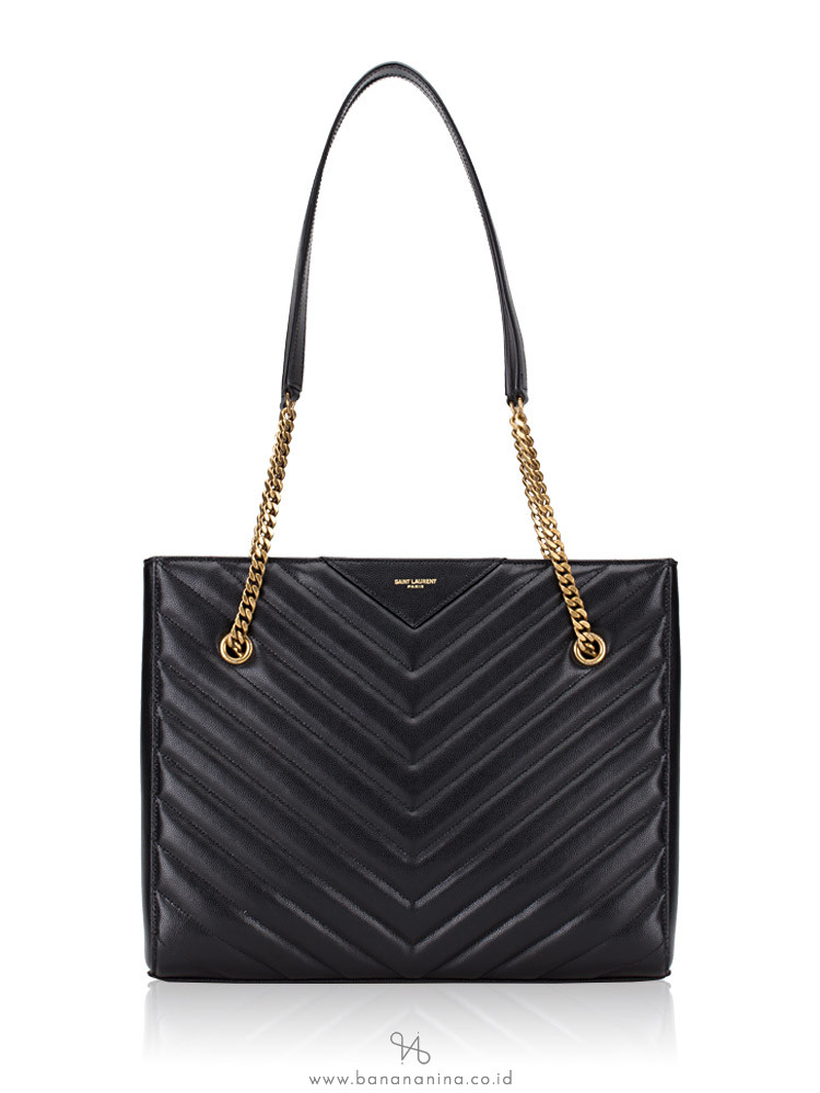 YSL Grain de Poudre Matelasse Chevron Medium Tribeca Tote Black