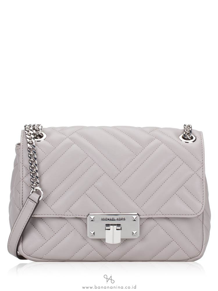 MICHAEL KORS Peyton Chevron Leather Medium Shoulder Flap Pearl Grey