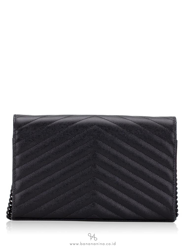 YSL Grain De Poudre Matelasse Chevron Monogram Chain Wallet Black