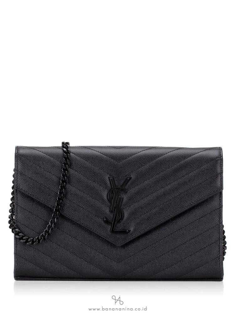 YSL Grain De Poudre Matelasse Chevron Monogram Chain Wallet Black