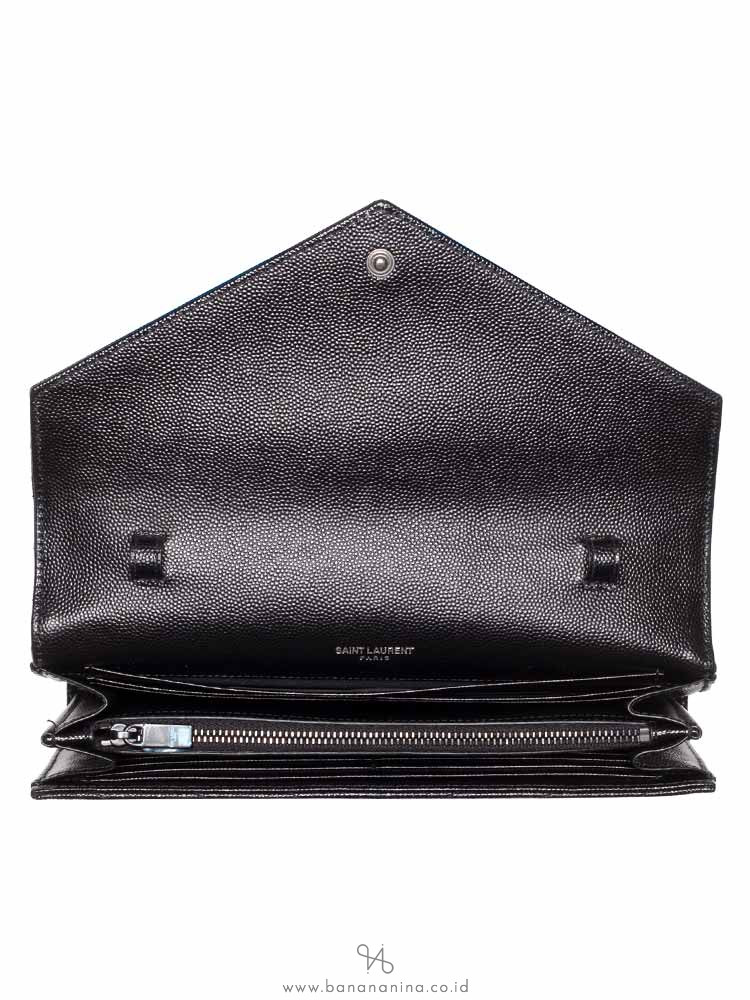 YSL Grain De Poudre Matelasse Chevron Monogram Chain Wallet Black