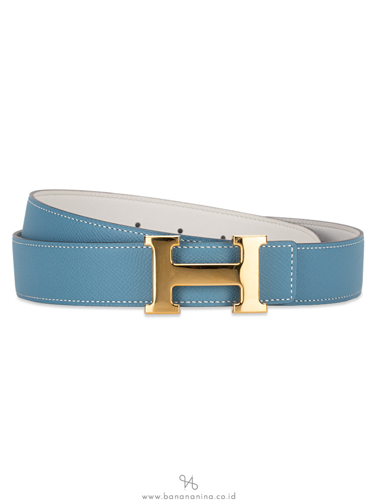 HERMES Swift Epsom 32mm H Belt Blue Jean Blanc Sz 85