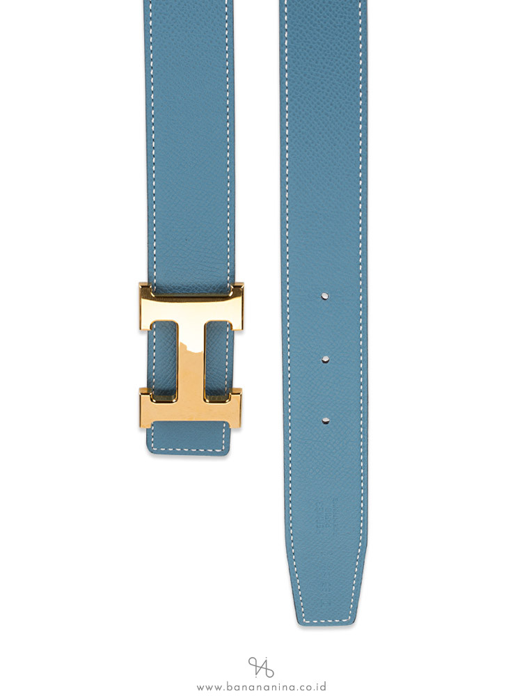 HERMES Swift Epsom 32mm H Belt Blue Jean Blanc Sz 85