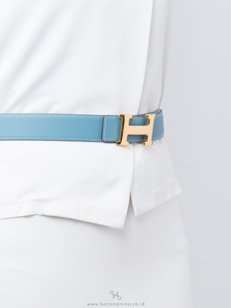 HERMES Swift Epsom 32mm H Belt Blue Jean Blanc Sz 85