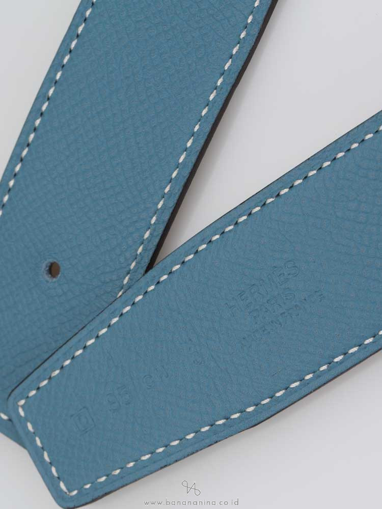 HERMES Swift Epsom 32mm H Belt Blue Jean Blanc Sz 85