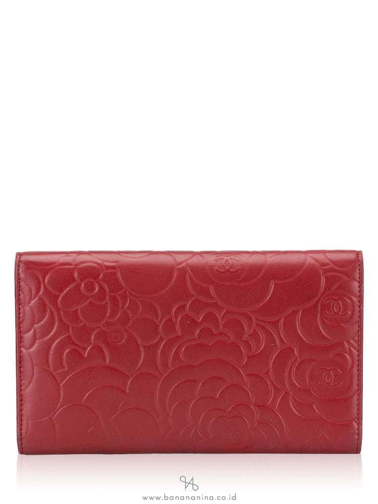 Chanel Lambskin Camellia Large Trifold Wallet Red