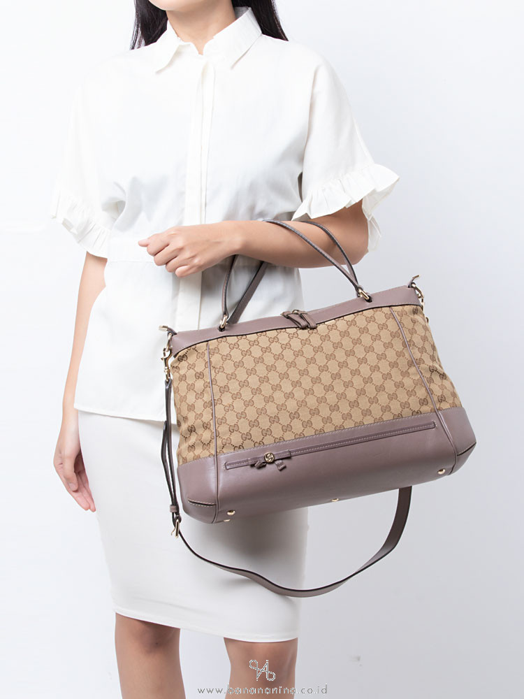 GUCCI GG Canvas Mayfair Top Handle Bag Beige Purple