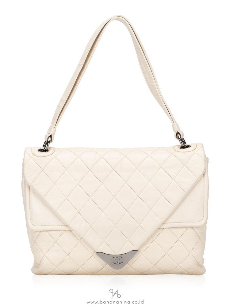 CHANEL Quilted Envelope Double Flap Shoulder Bag Off White