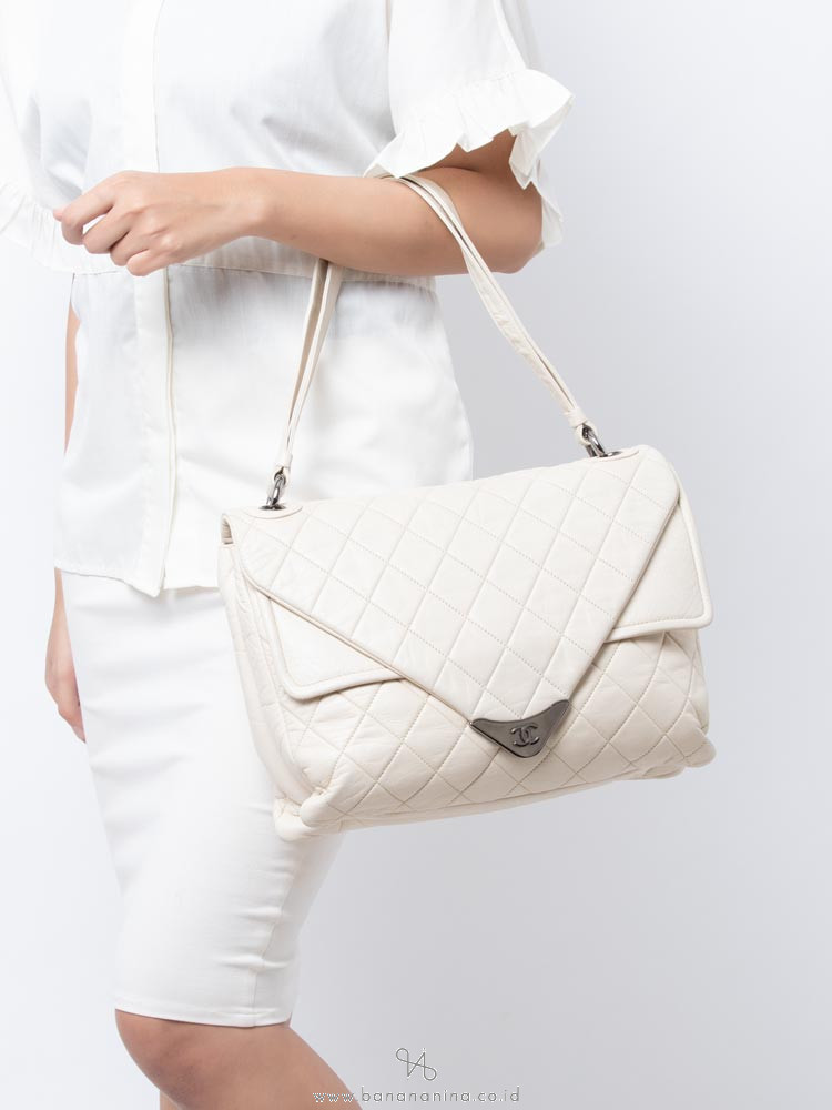 CHANEL Quilted Envelope Double Flap Shoulder Bag Off White