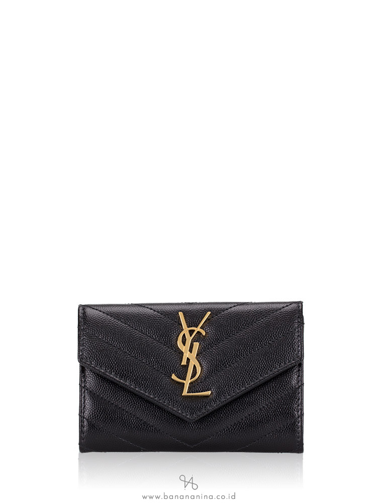 YSL Grain De Poudre Matelasse Monogram Small Envelope Wallet Black