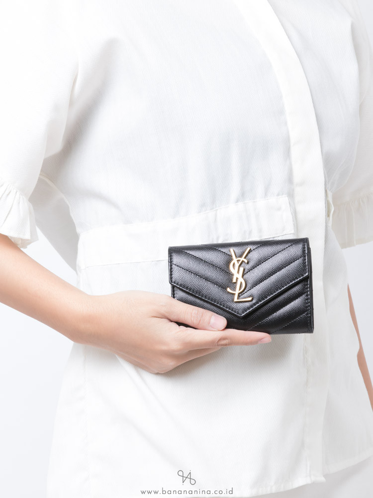 YSL Grain De Poudre Matelasse Monogram Small Envelope Wallet Black