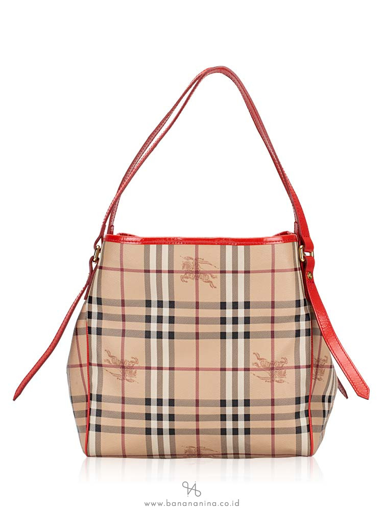 BURBERRY Haymarket Check Small Canterbury Tote Coral Red
