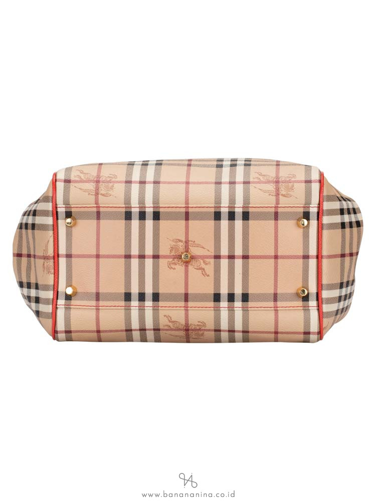 BURBERRY Haymarket Check Small Canterbury Tote Coral Red