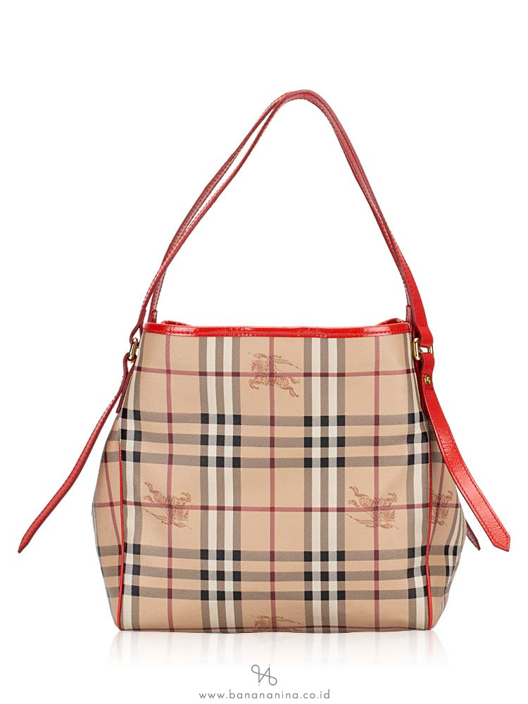 BURBERRY Haymarket Check Small Canterbury Tote Coral Red