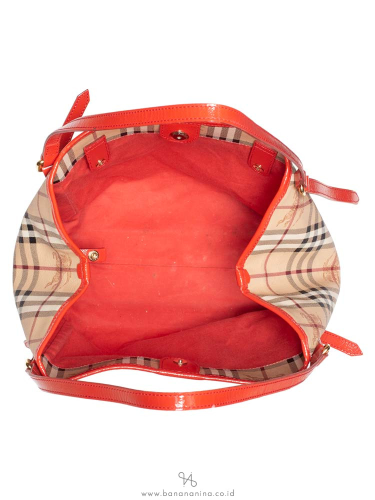 BURBERRY Haymarket Check Small Canterbury Tote Coral Red