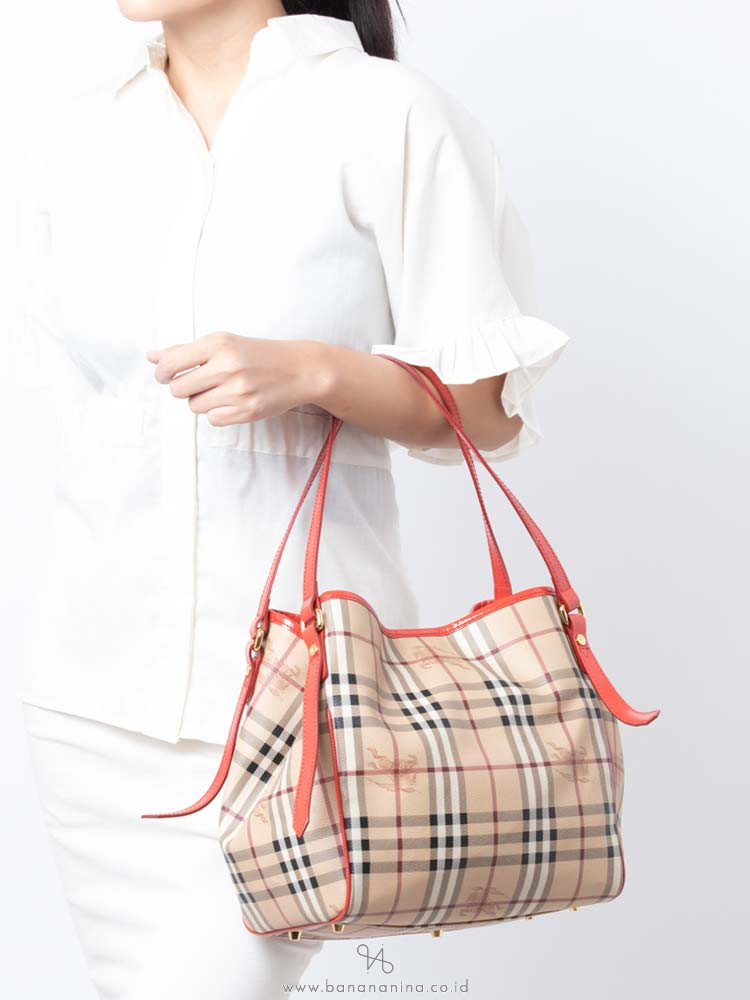 BURBERRY Haymarket Check Small Canterbury Tote Coral Red
