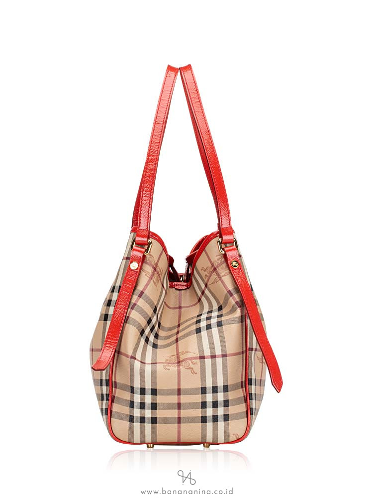 BURBERRY Haymarket Check Small Canterbury Tote Coral Red