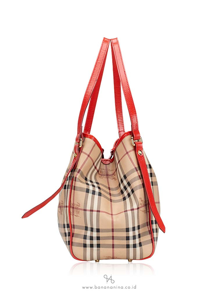 BURBERRY Haymarket Check Small Canterbury Tote Coral Red