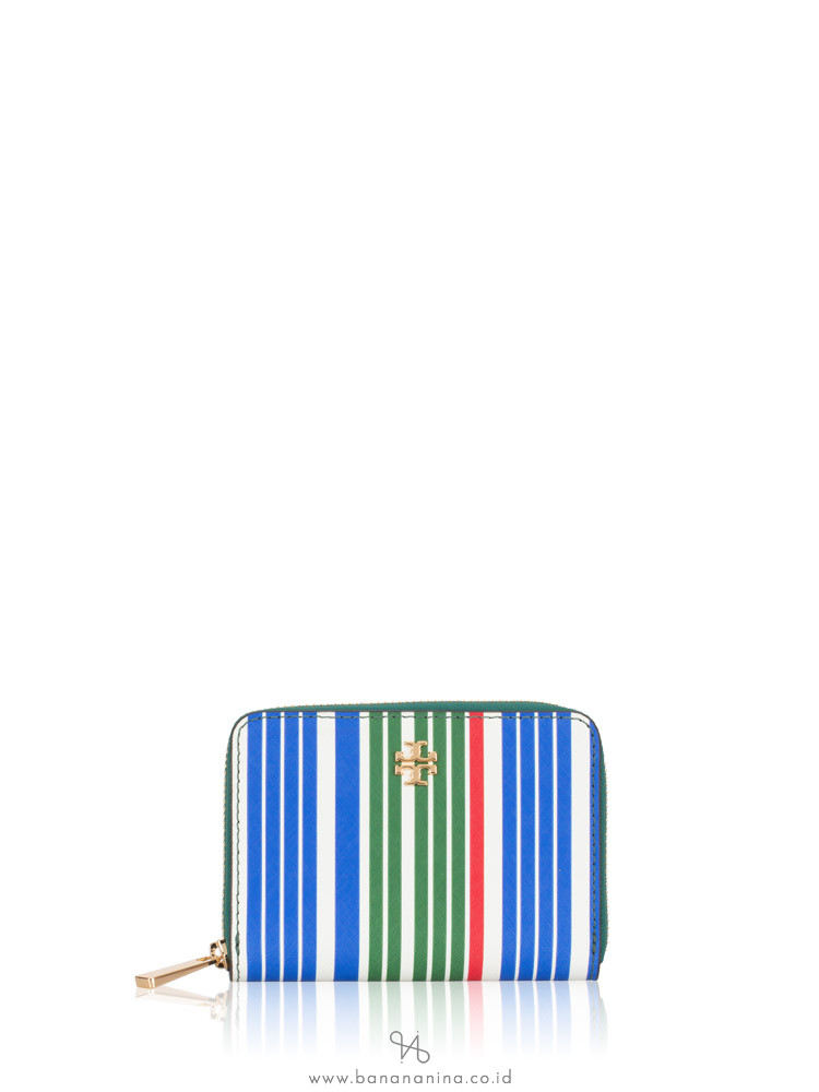 TORY BURCH Emerson Zip Coin Case Sunrise Stripe XL Blue