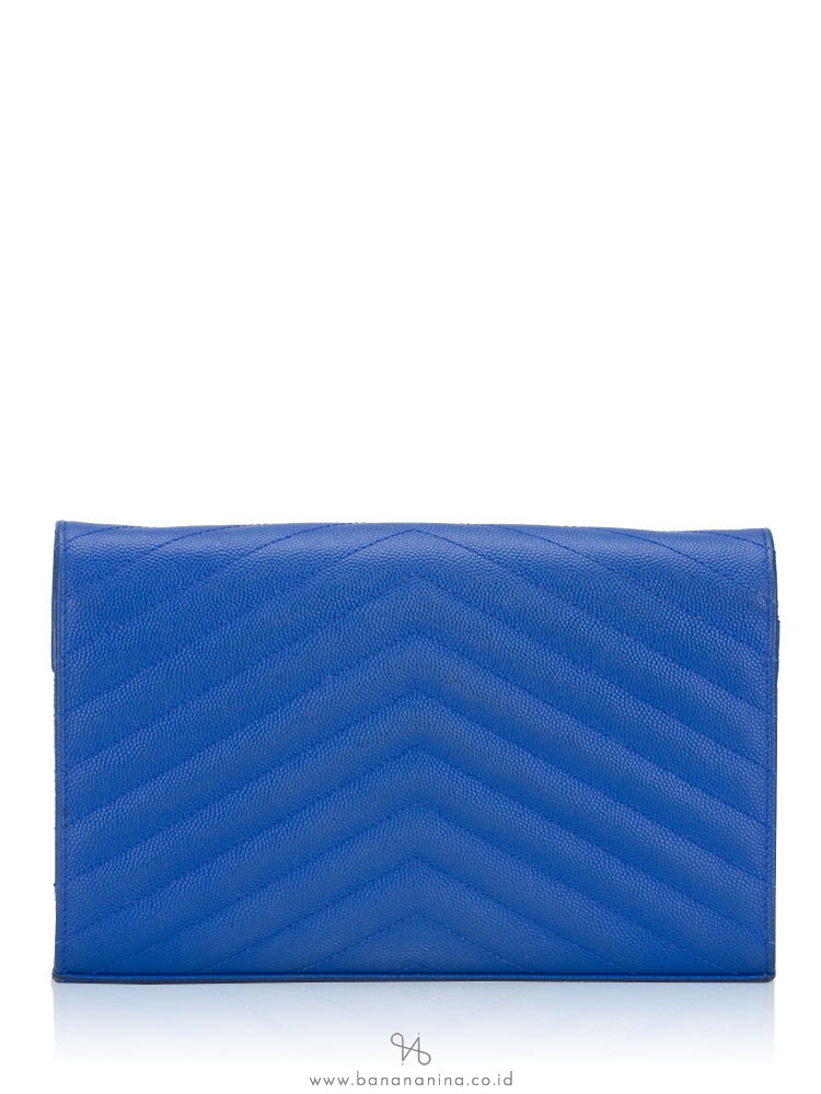 YSL Grain de Poudre Matelasse Chevron Monogram Chain Wallet Blue Majorelle Gold