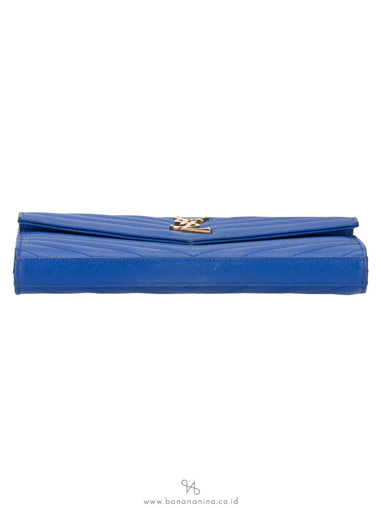 YSL Grain de Poudre Matelasse Chevron Monogram Chain Wallet Blue Majorelle Gold