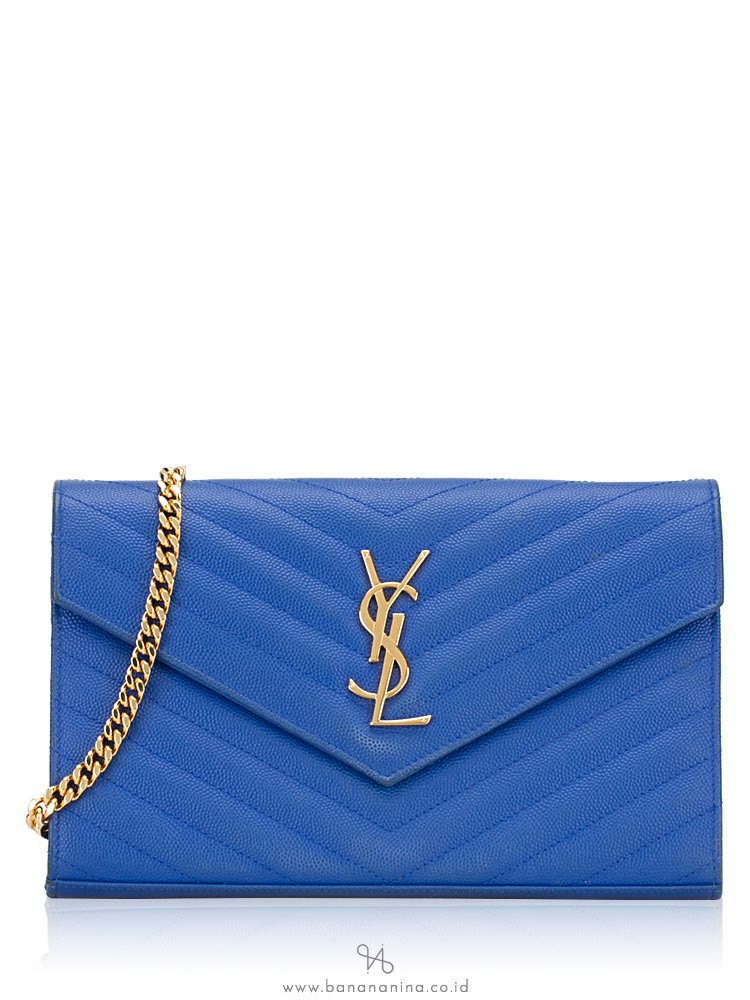 YSL Grain de Poudre Matelasse Chevron Monogram Chain Wallet Blue Majorelle Gold