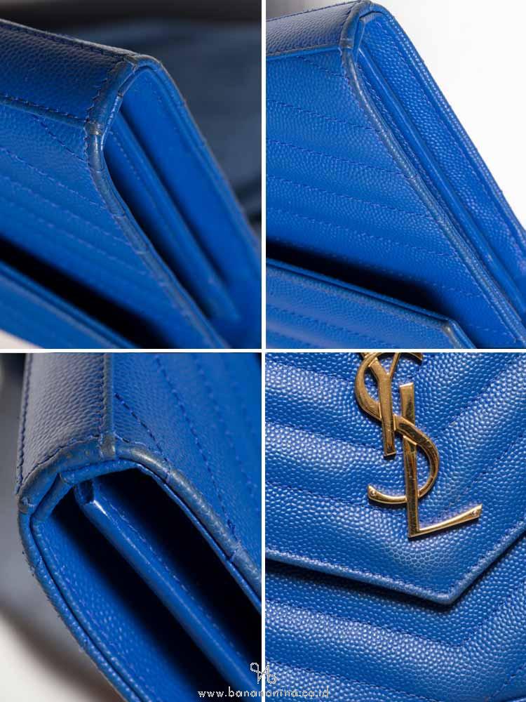 YSL Grain de Poudre Matelasse Chevron Monogram Chain Wallet Blue Majorelle Gold