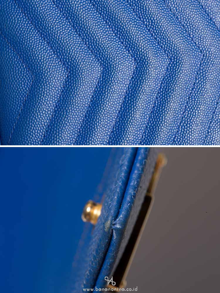 YSL Grain de Poudre Matelasse Chevron Monogram Chain Wallet Blue Majorelle Gold