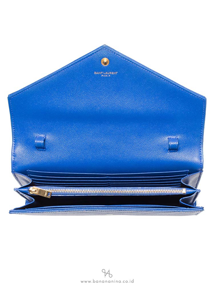 YSL Grain de Poudre Matelasse Chevron Monogram Chain Wallet Blue Majorelle Gold
