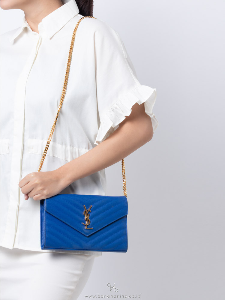 YSL Grain de Poudre Matelasse Chevron Monogram Chain Wallet Blue Majorelle Gold