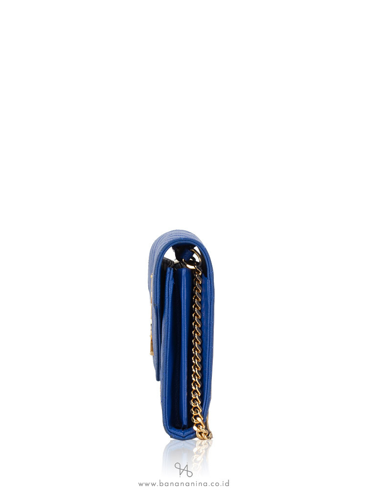 YSL Grain de Poudre Matelasse Chevron Monogram Chain Wallet Blue Majorelle Gold