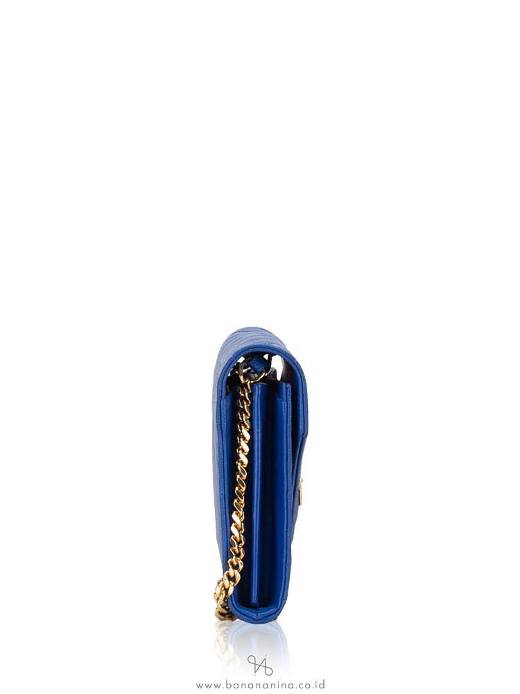 YSL Grain de Poudre Matelasse Chevron Monogram Chain Wallet Blue Majorelle Gold