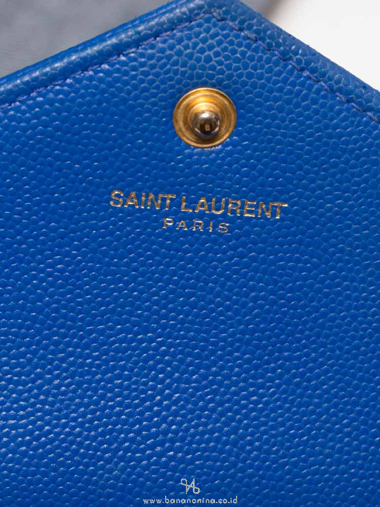YSL Grain de Poudre Matelasse Chevron Monogram Chain Wallet Blue Majorelle Gold