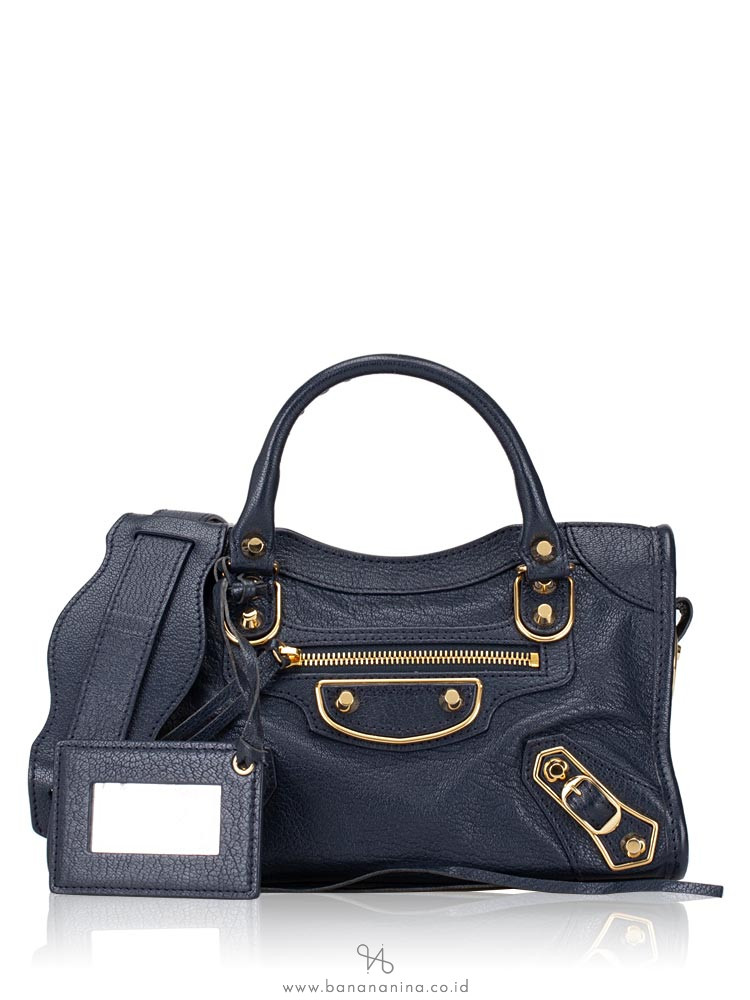 BALENCIAGA Gold Metallic Edge Mini City Blue Nuit