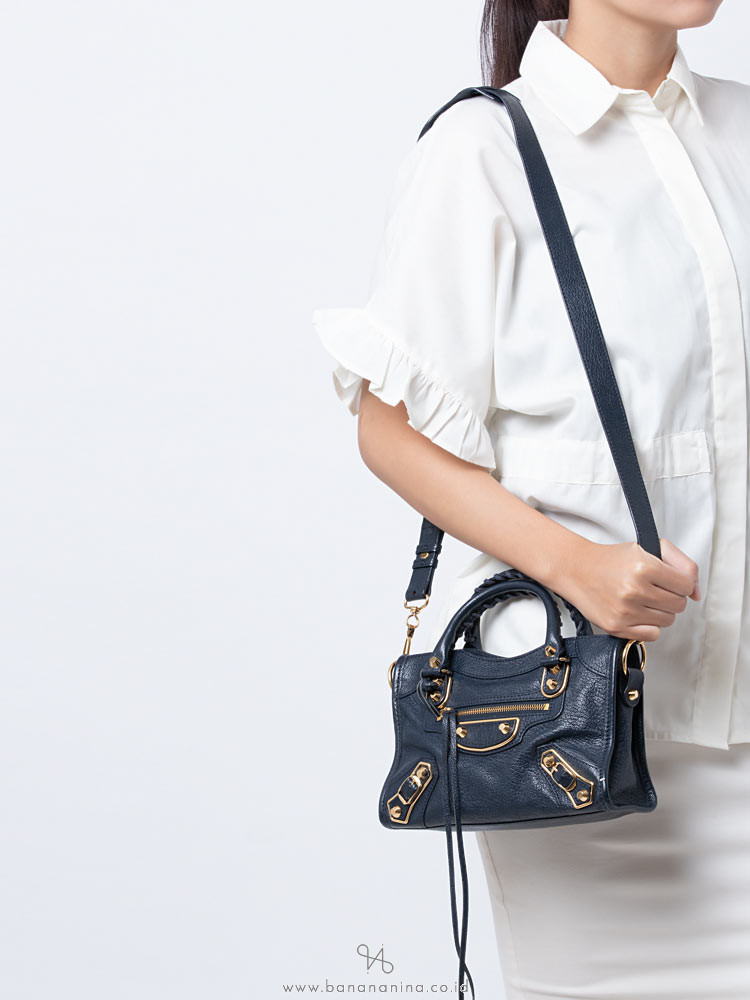 BALENCIAGA Gold Metallic Edge Mini City Blue Nuit