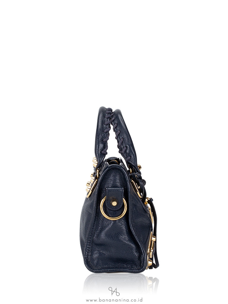 BALENCIAGA Gold Metallic Edge Mini City Blue Nuit