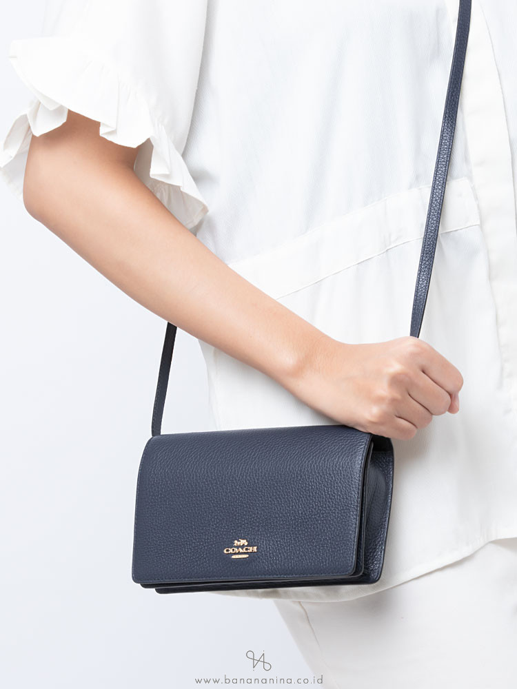 COACH 30256 Pebbled Leather Foldover Clutch Crossbody Midnight