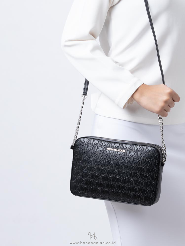 MICHAEL KORS Jet Set Item Monogram Large Debbosed Crossbody Black