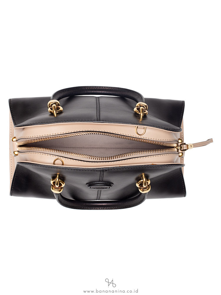 TOD'S Leather Small Sella Bowler Bag Black Beige