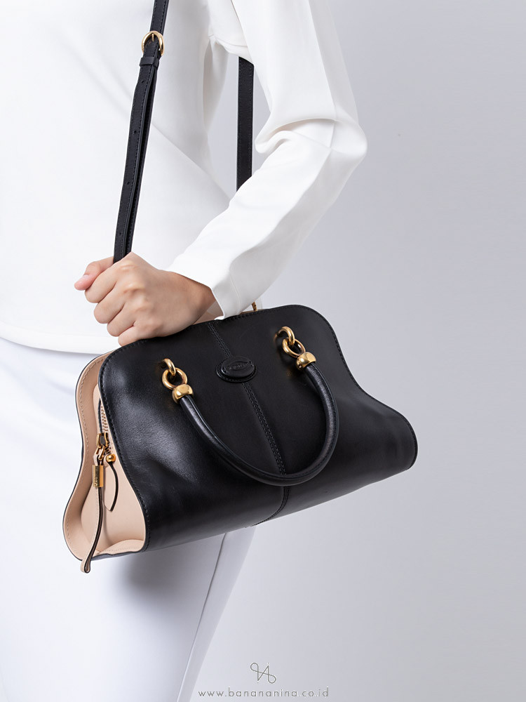 TOD'S Leather Small Sella Bowler Bag Black Beige