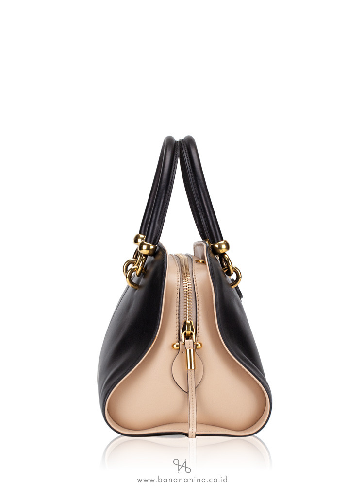 TOD'S Leather Small Sella Bowler Bag Black Beige