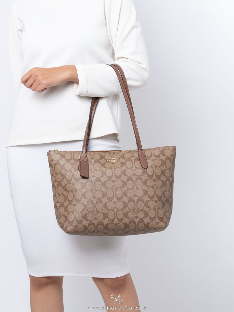 Coach 4455 Signature Zip Tote Khaki Saddle