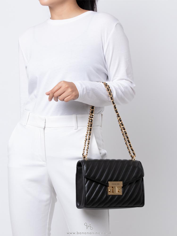 Michael Kors Rose Quilted Leather Medium Flap Shoulder Bag Black