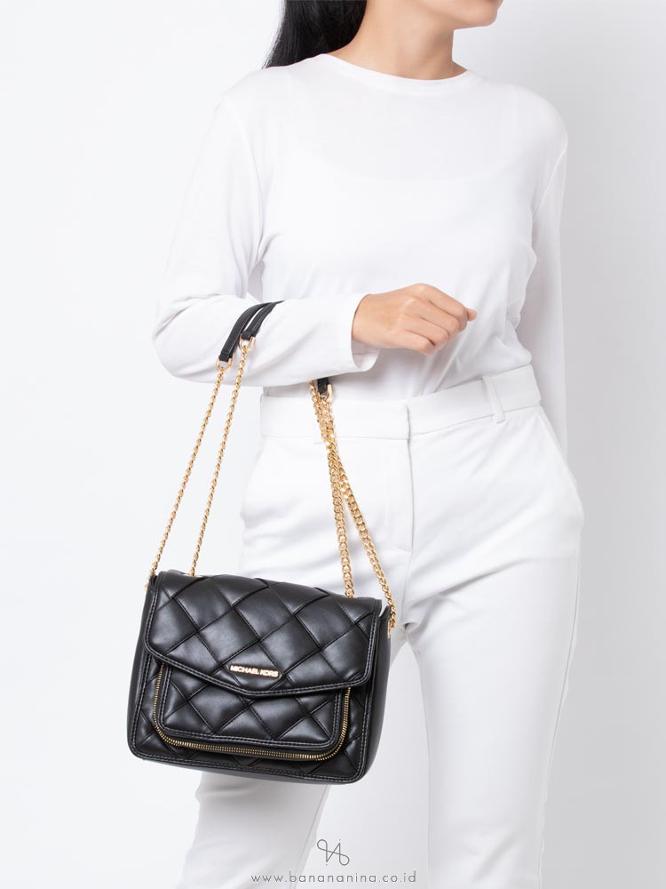 Michael Kors Regina Medium Woven Flap Shoulder Bag Black