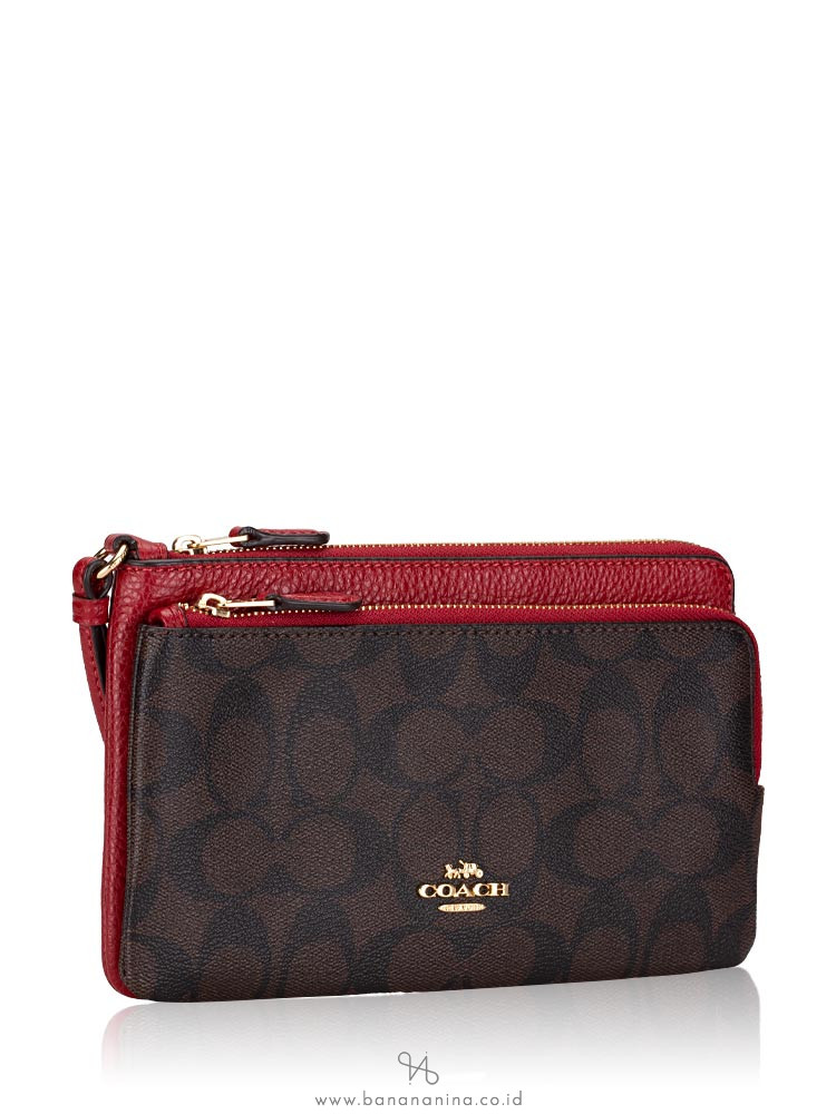 COACH Double Zip Wallet in Signature Canvas, IM/Brown 1941 Red