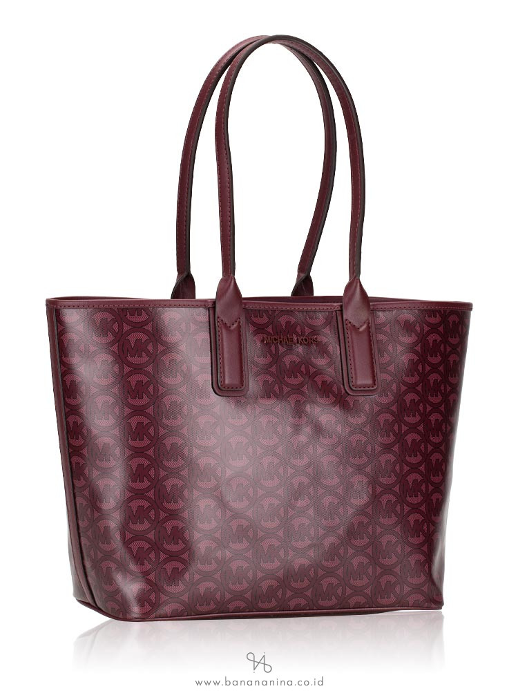 Michael Kors Jodie Medium Tote Bag Coated Canvas Logo MK Leather Merlot  Multi