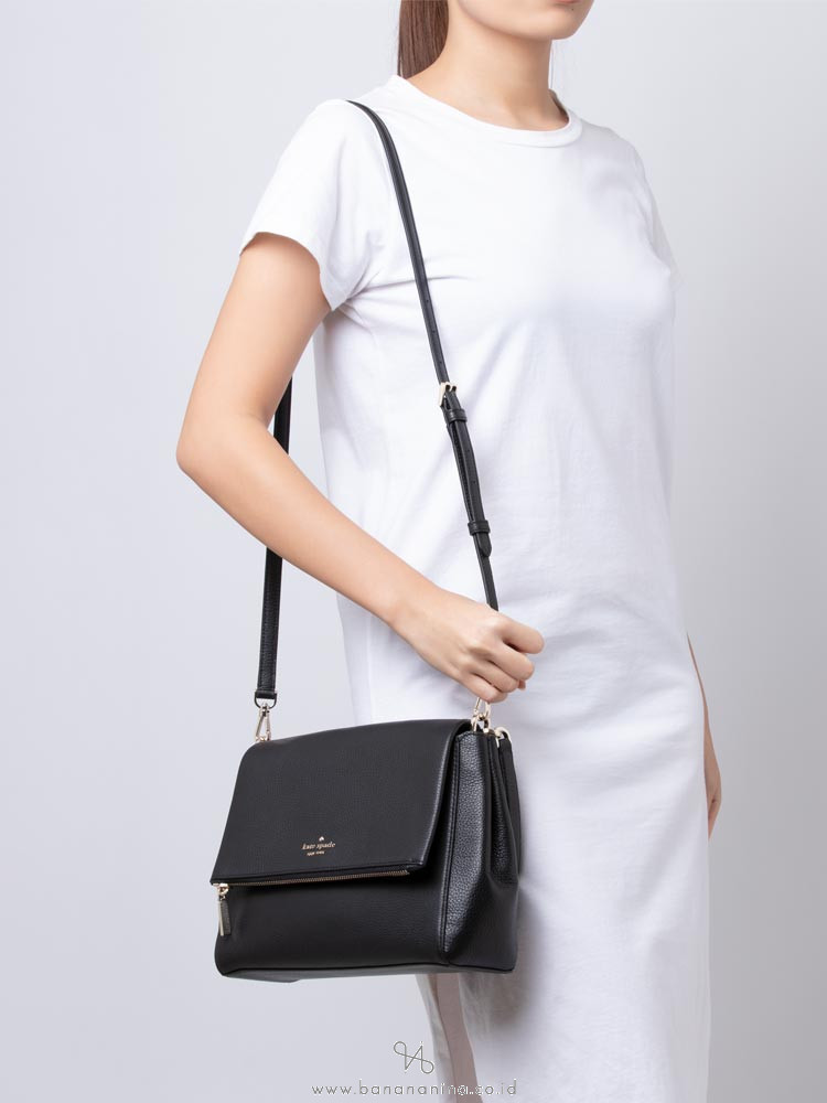 Kate Spade Leila Pebbled Leather Medium Flap Shoulder Bag Black