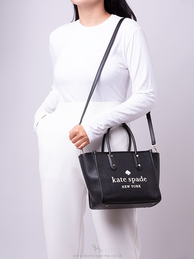 Kate Spade Ella Small Black Pebbled Leather White Logo Crossbody Tote
