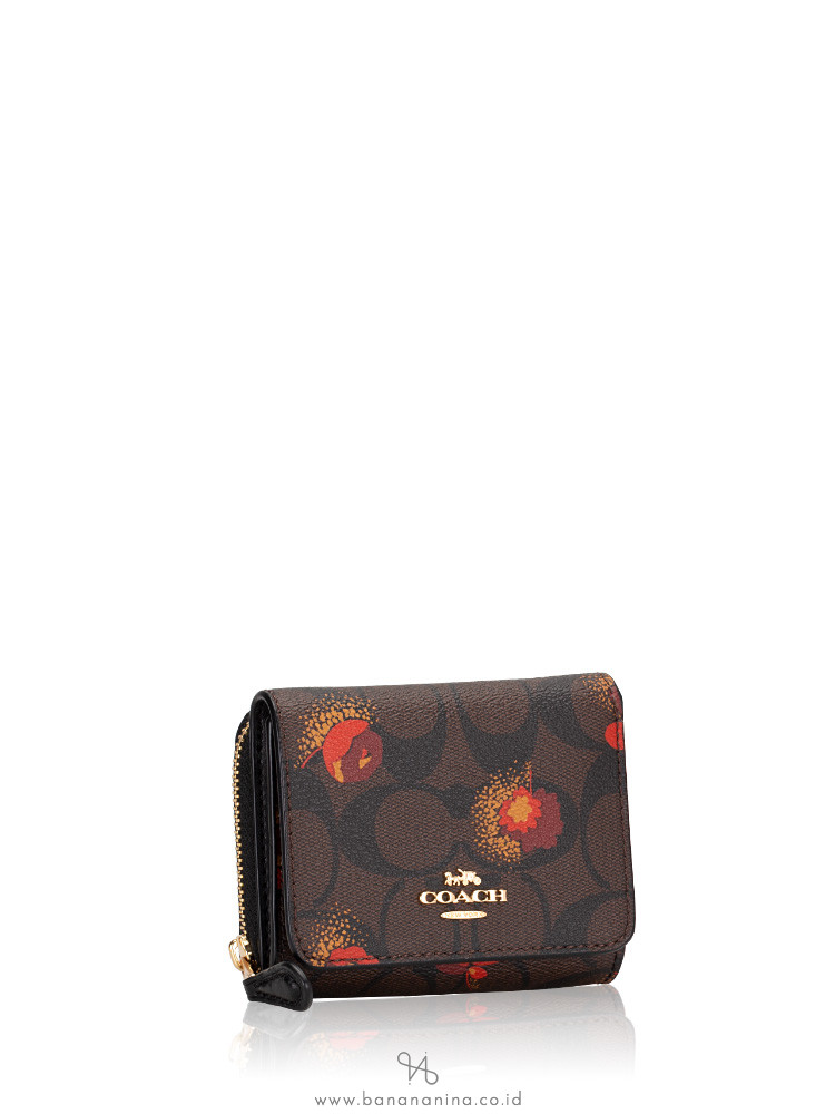 Coach C6042 Signature Pop Floral Print Small Trifold Wallet Brown Black  Multi