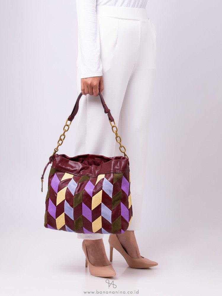 Fossil ZB1631186 Gigi Drawstring Shoulder Bag Patchwork Burgundy